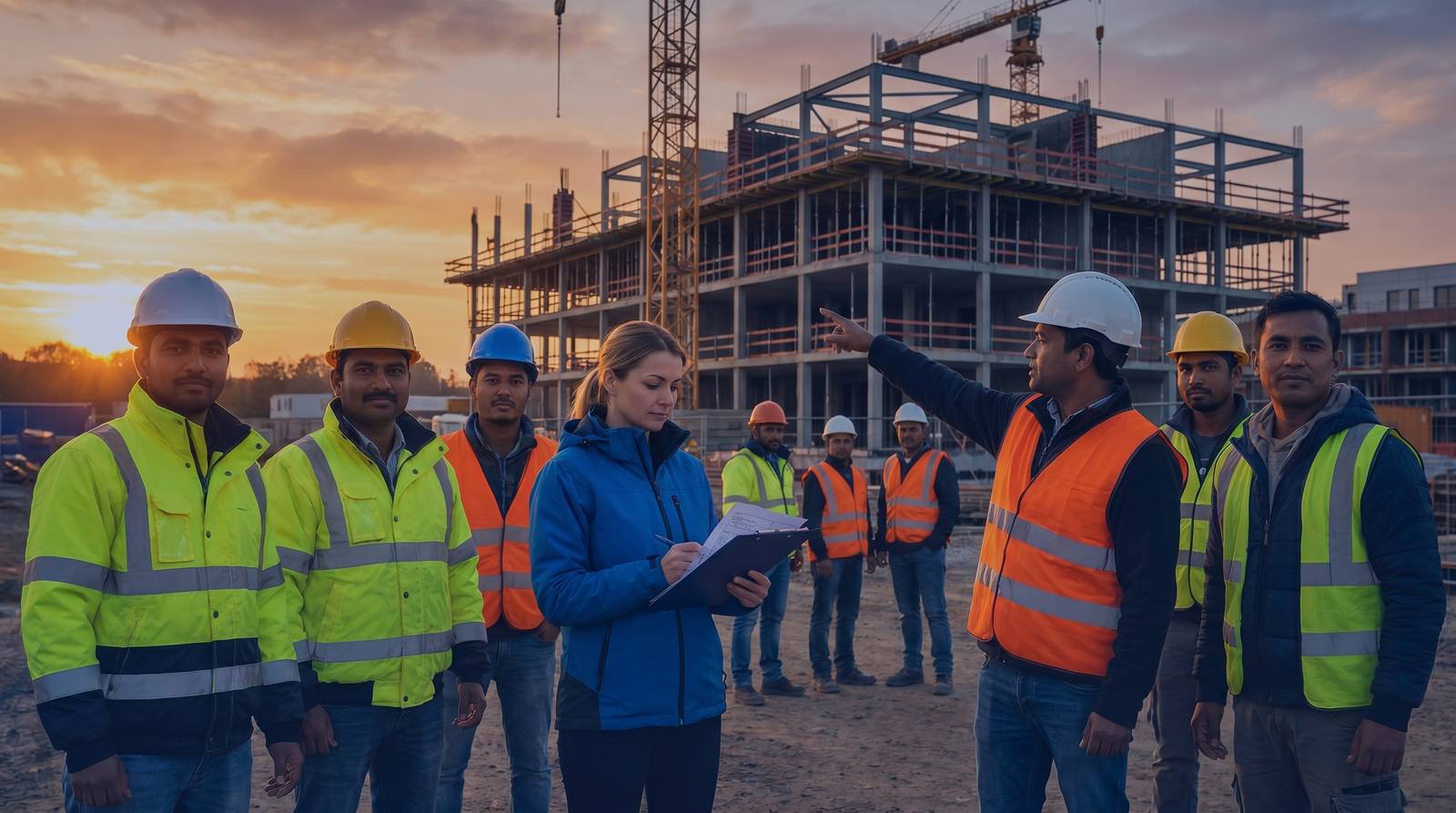 Construction crew on a building site at sunset