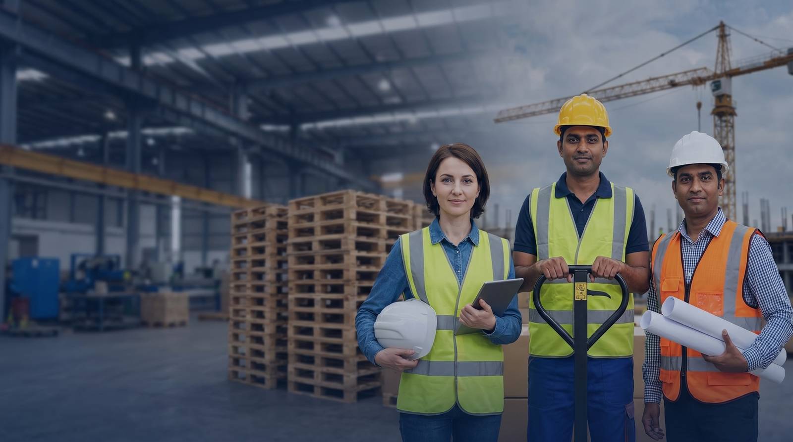 Site manager with warehouse and construction workers from South Asia