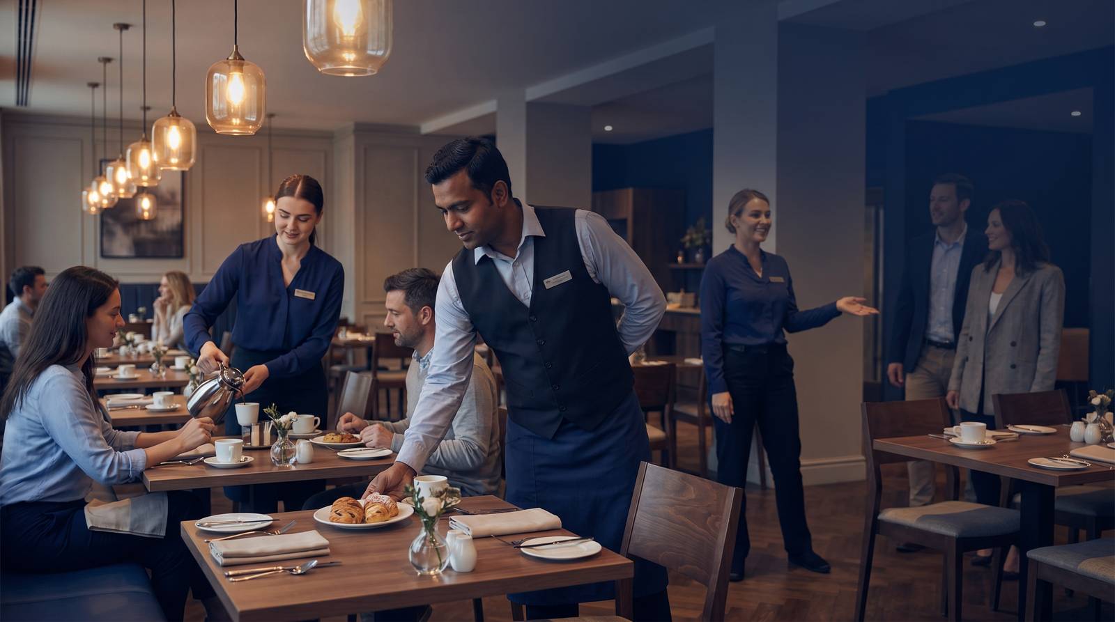 Hotel restaurant staff serving breakfast