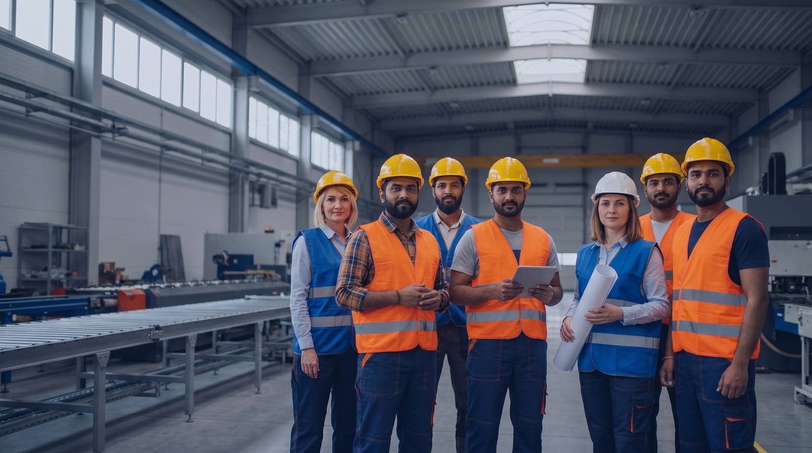 Factory team in hard hats on a production floor
